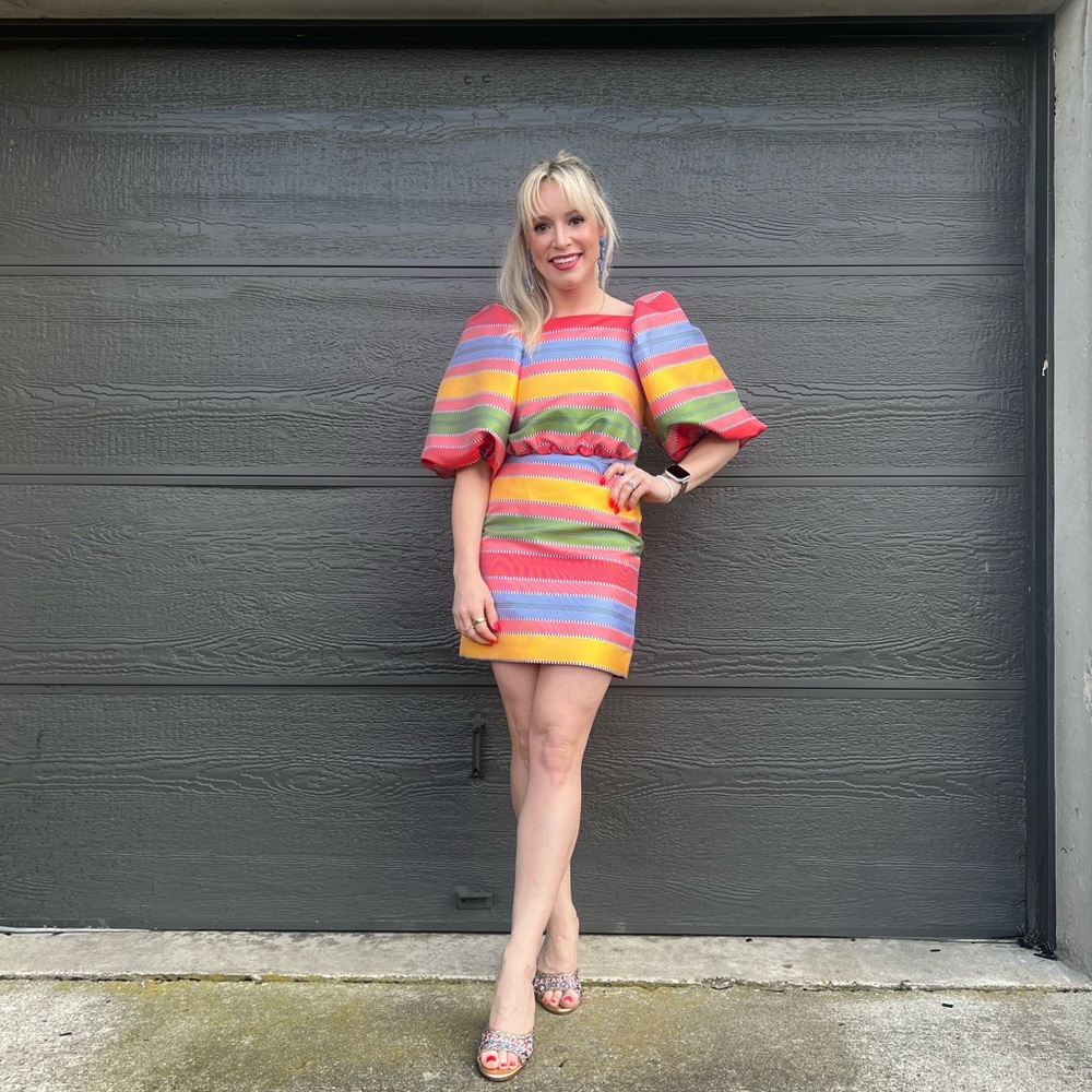 Antonio Melani x Nat Note Rainbow Striped Puff-Sleeve Mini Dress